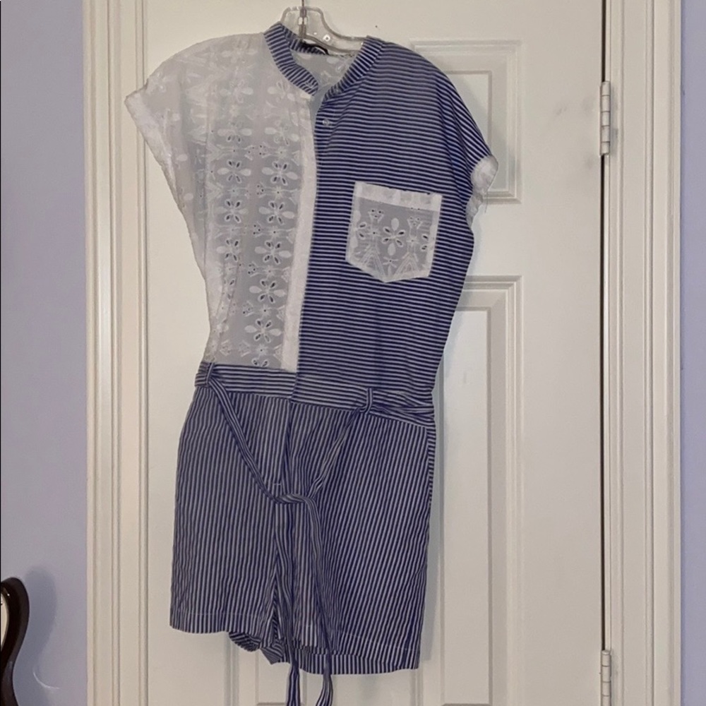 Blue seersucker Zara romper button up & waist tie